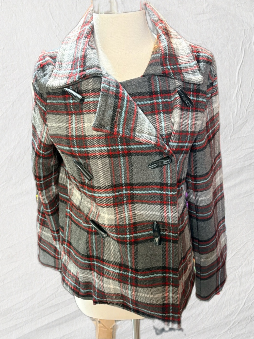 Vintage Old Navy Gray Plaid Wool Blend Peacoat Made in Turkey Sz Small
